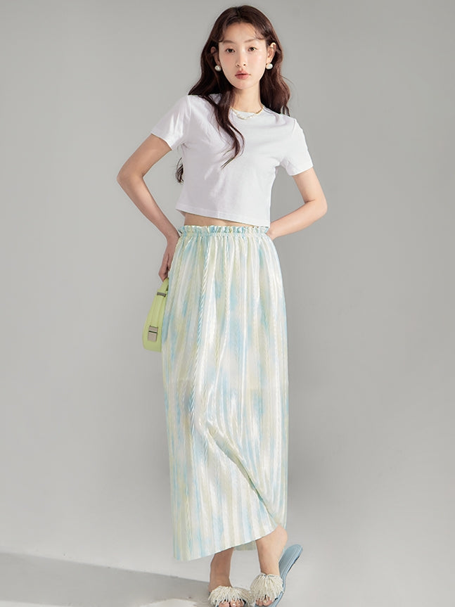 Crumply Tie-Dye Pale-Tone Thin Lng-Skirt