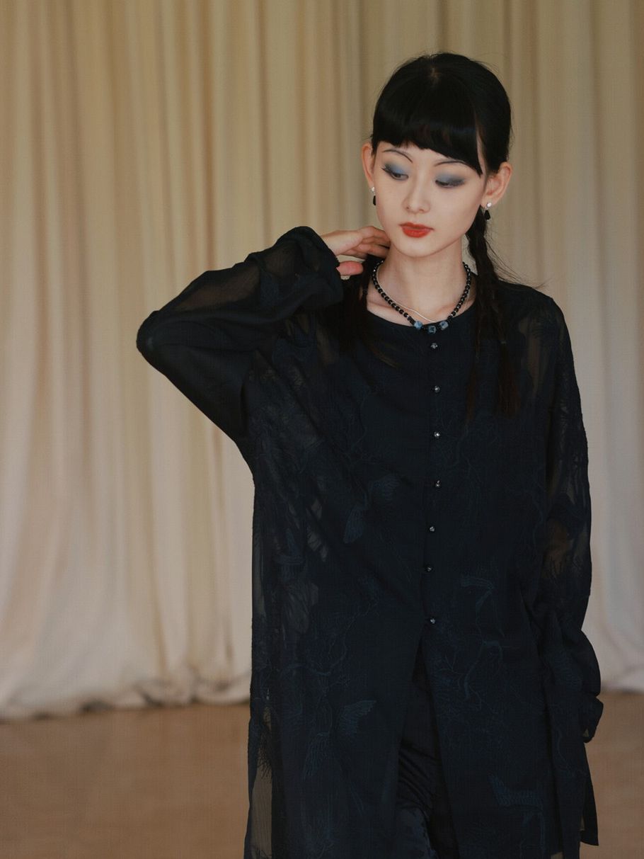 Embroidery Flower Sheer Oversize Shirt