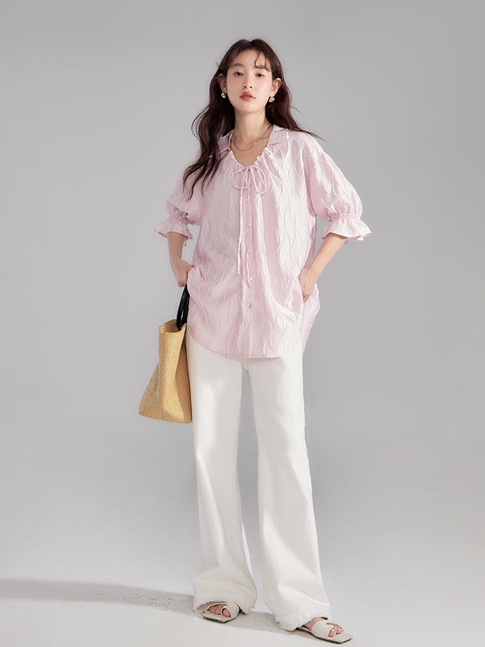 Embroidery Oversize Candy-Sleeve Wave Blouse