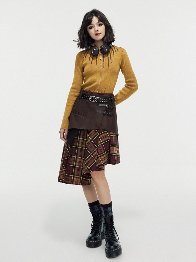 Asymmetry Checked Retro Belt Girly Flare-Skirt