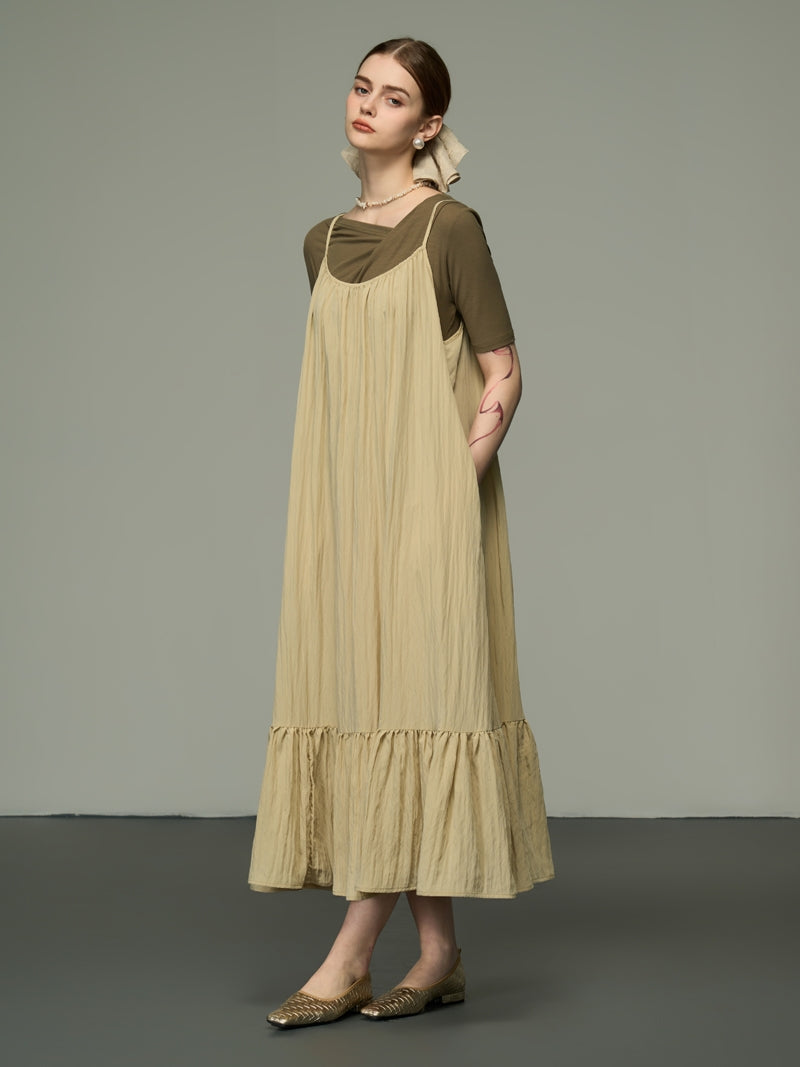 Simple Tiered Crumply Camisole Long-One-Piece