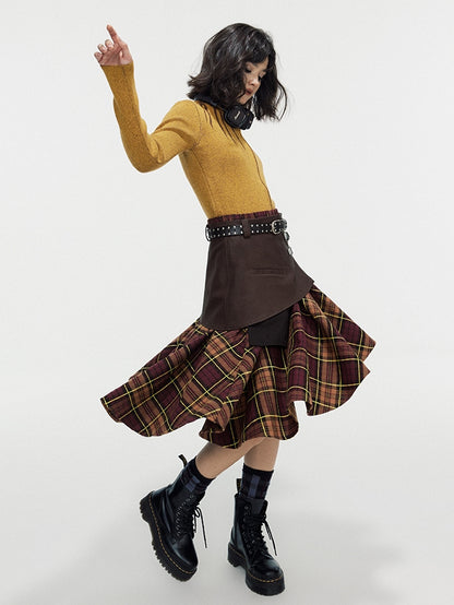 Asymmetry Checked Retro Belt Girly Flare-Skirt