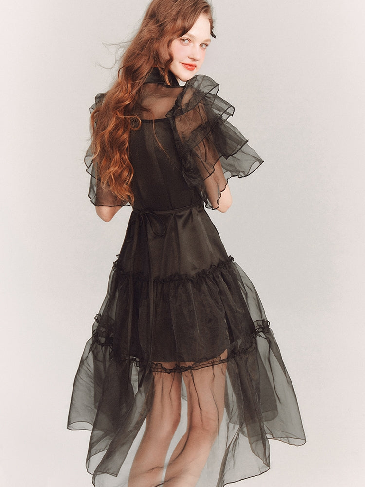 through Tiererd Flare-Sleeve Frill Dress 일체형