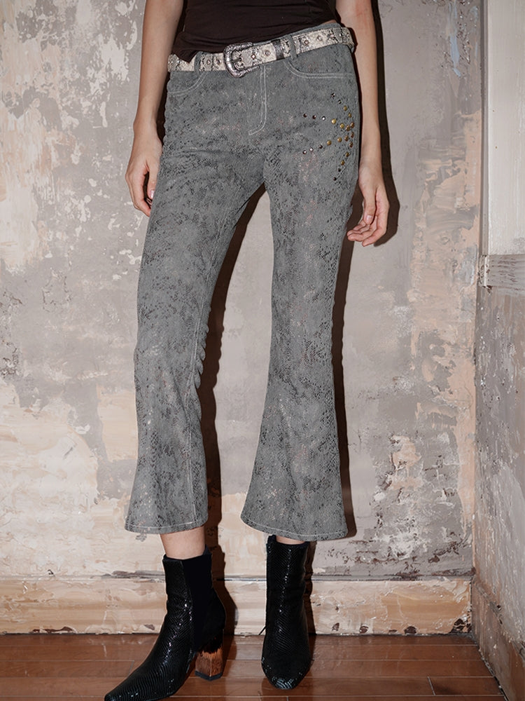 Corduroy Cropped Western Flare Studs Embroidery Pants