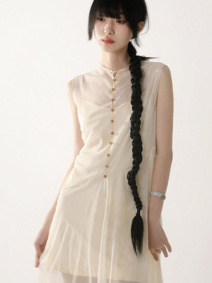 Sheer Sleeveless Flower Retro Long One-Piece