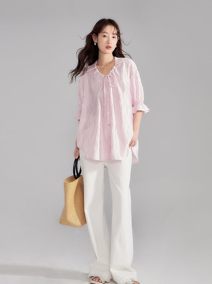 Embroidery Oversize Candy-Sleeve Wave Blouse