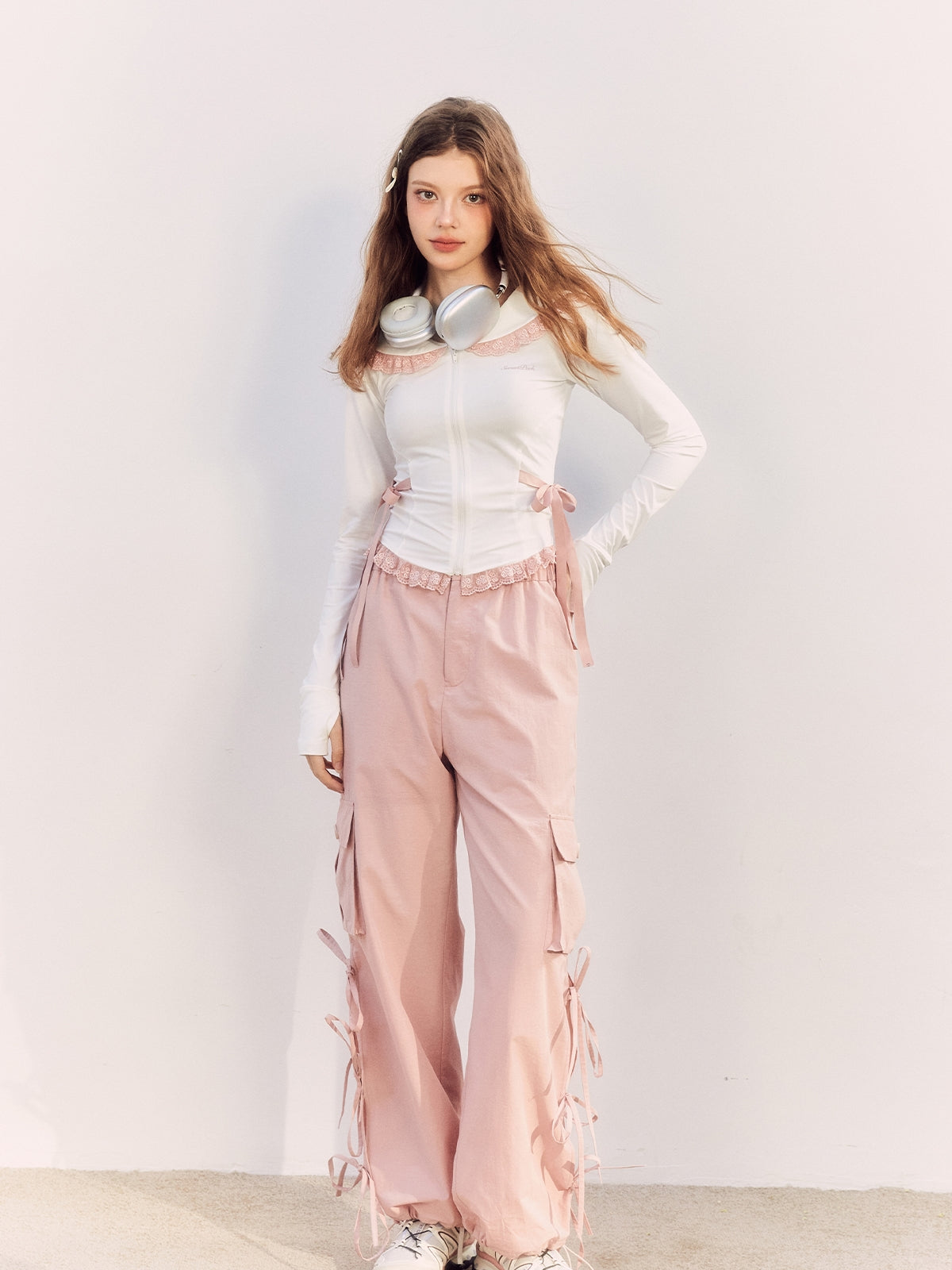 Lace-Collar Ribbon Sweet Casual Cutsew&amp;Pants