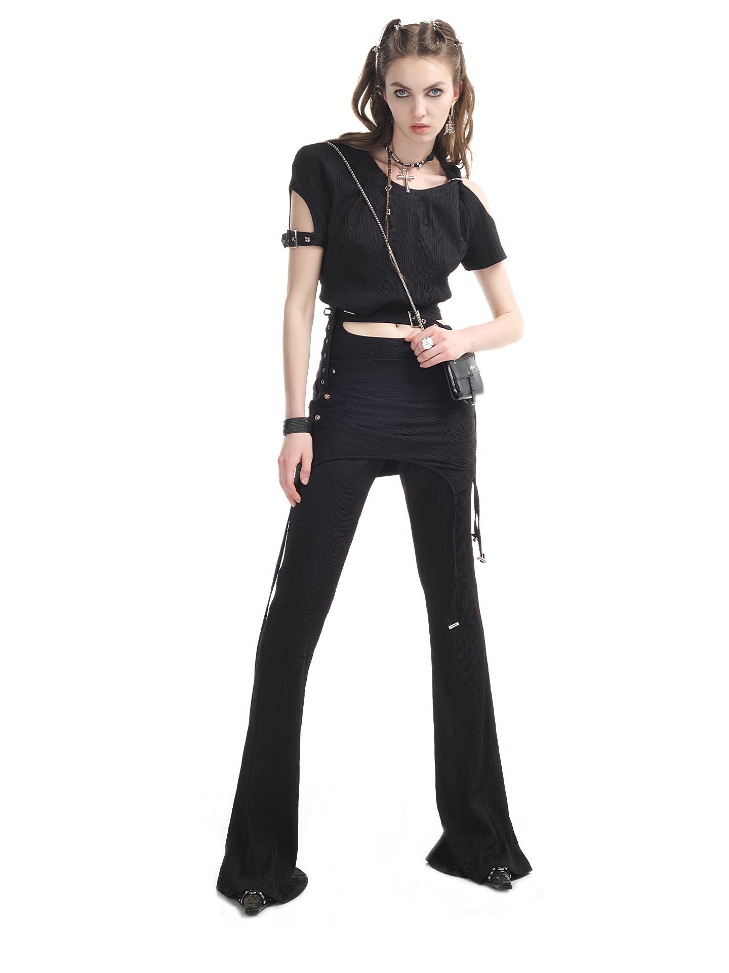 Open-shoulder Nichi Belt Cropped Cool Tops&amp;Pants