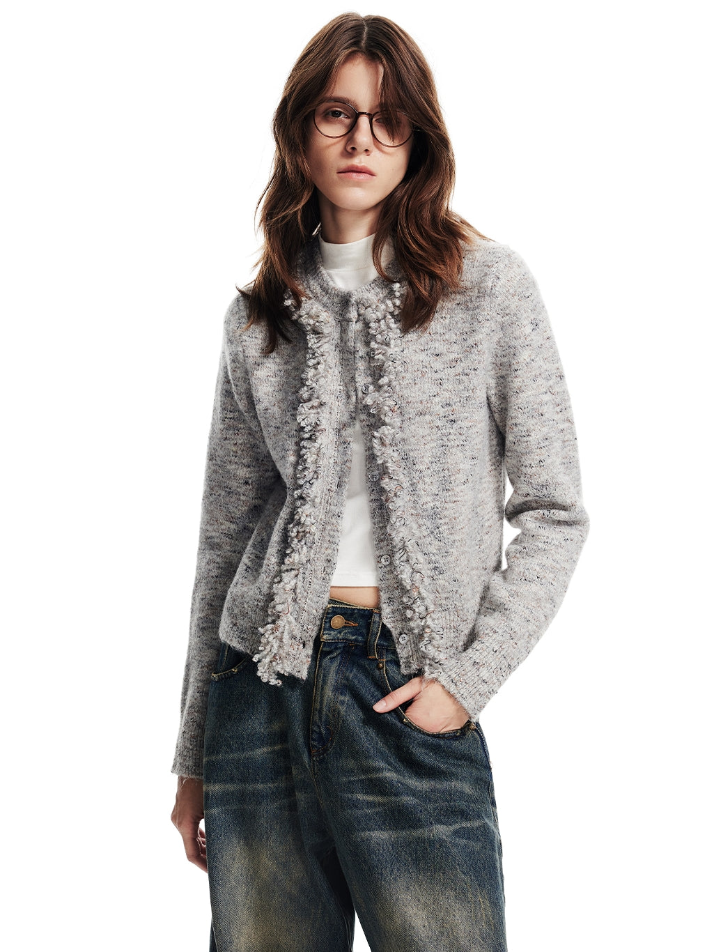 Clayy Claasy Crew-Neck Knit Compact Slim Cardigan