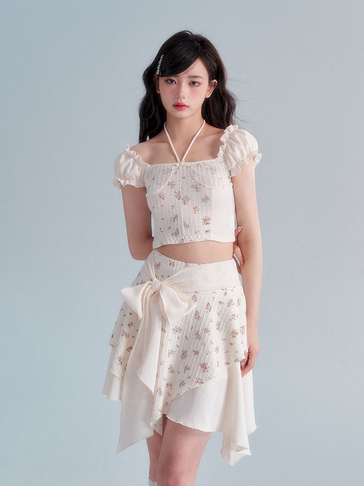 Glove Flower Cropped Fit Frill Ribbon Asymmetry Tops＆Skirt