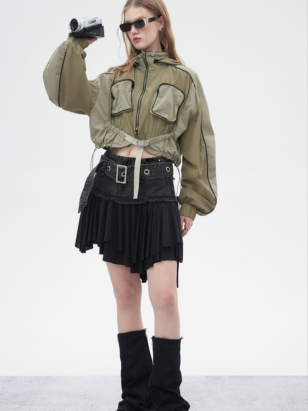 Drawstring Mesh Sporty Balloon-sleeve Parka