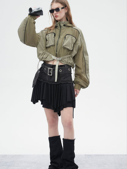 Drawstring Mesh Sporty Balloon-Sleeve Parka