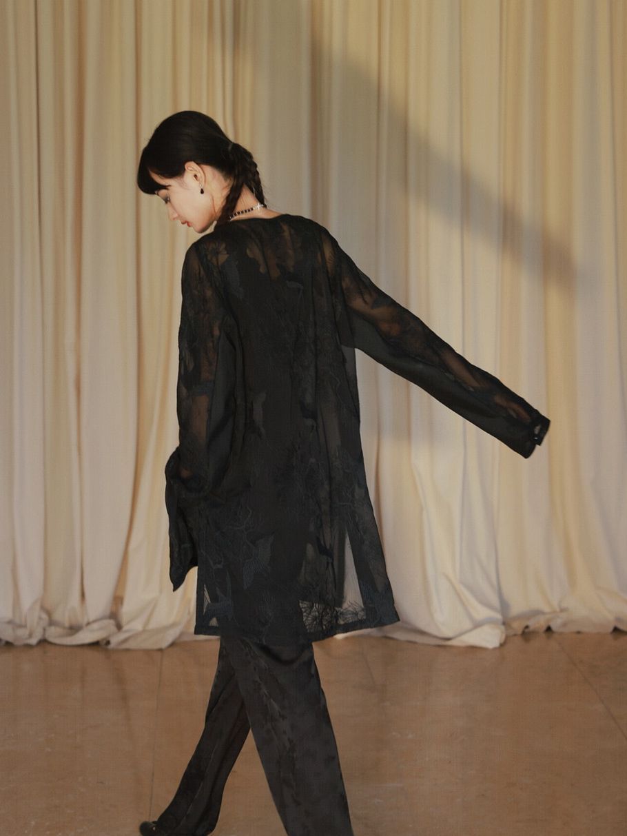 Embroidery Flower Sheer Oversize Shirt