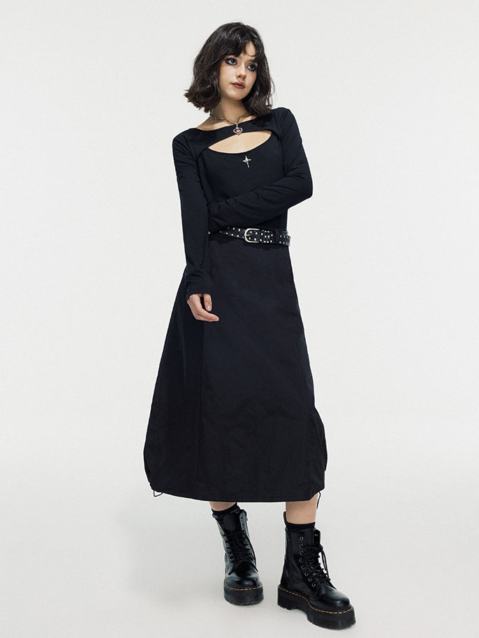 Drawstring A-Line Thick Simple Long Flare-Skirt