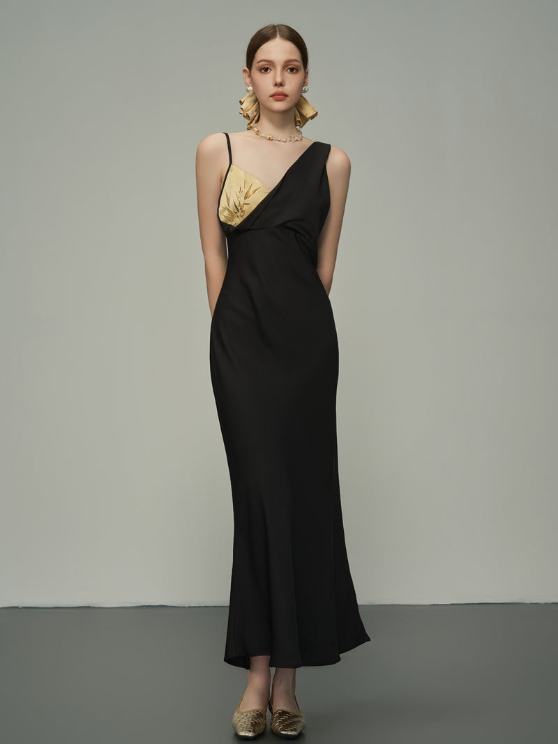 Gold Asymmetry Slim High-End Camisole Long-One-Piece