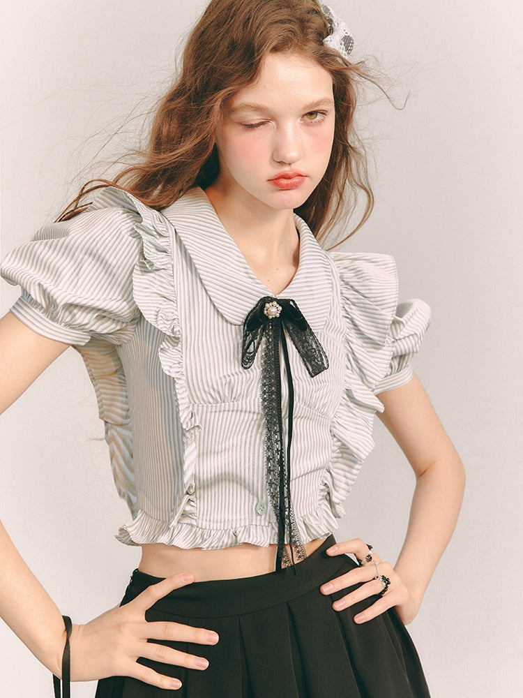 Stripe Frill Cropped Puff-Sleeve Blouse