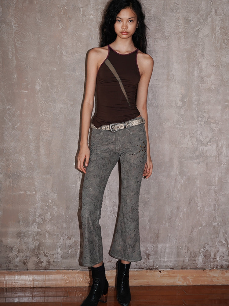 Corduroy Cropped Western Flare Studs Embroidery Pants