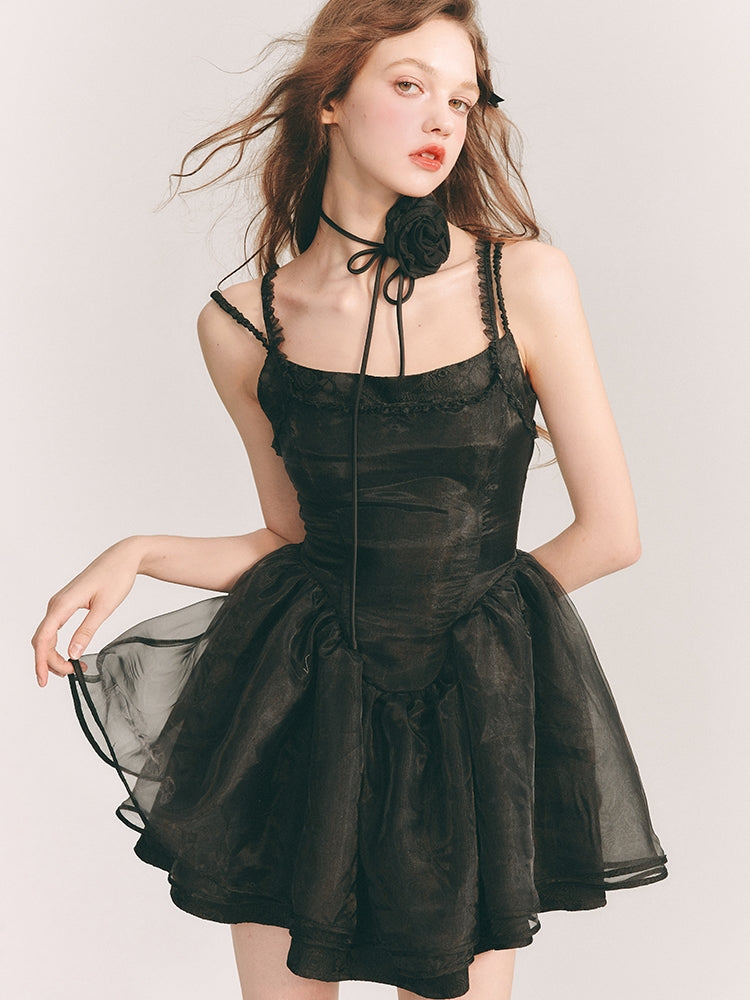 Tulle Fluffily Dress Flower Embroidery One-Piece