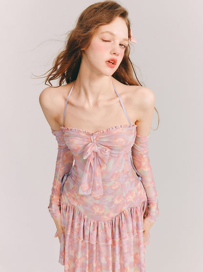 Pastel Back-Open Ribbon Tiered Floral One-Piece