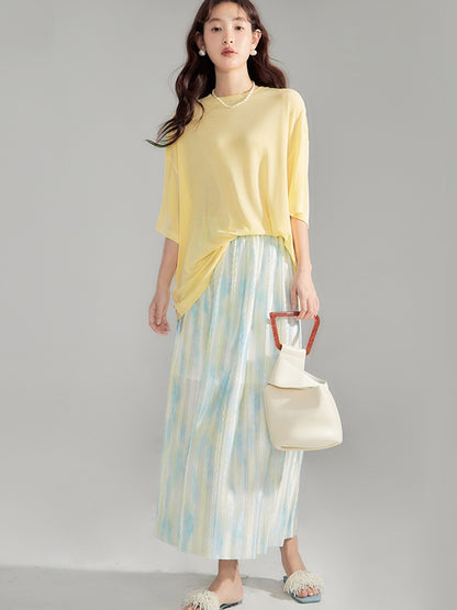 Crumply Tie-Dye Pale-Tone Thin Lng-Skirt