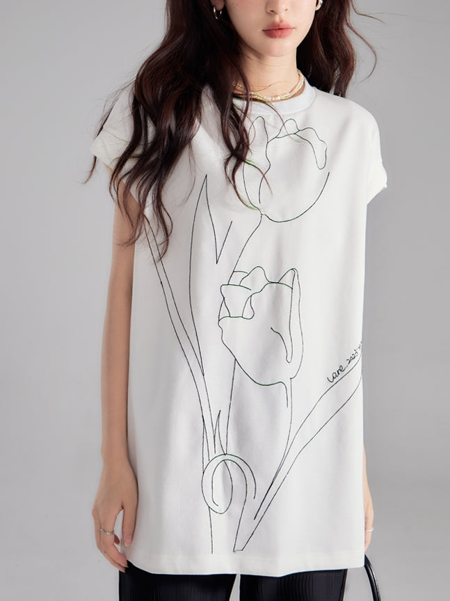 Oversize Embroidery Tulip Retro T-Shirt