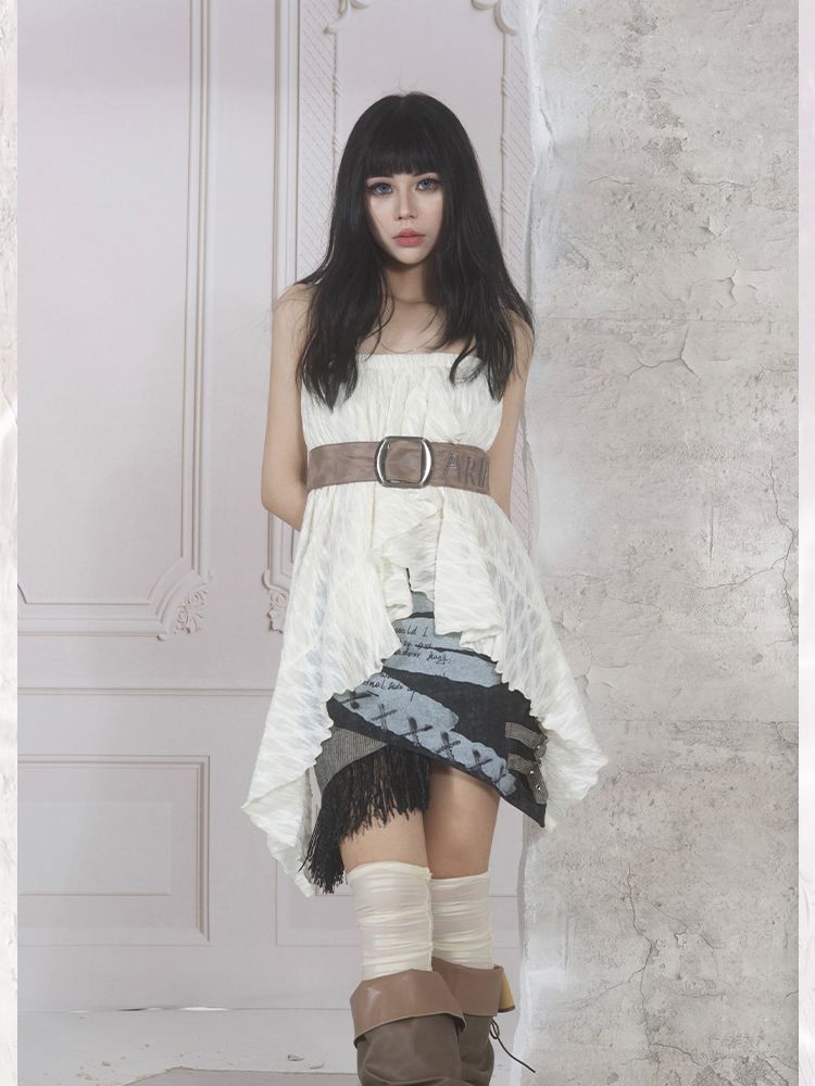 Nichi Tassel Asymmetry Patchwork Mini Skirt