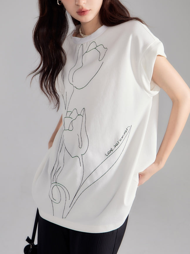 Oversize Embroidery Tulip Retro T-Shirt