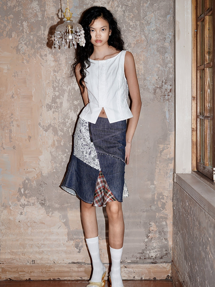 Denim Lace Mermaid Checked Unique Patchwork Skirt