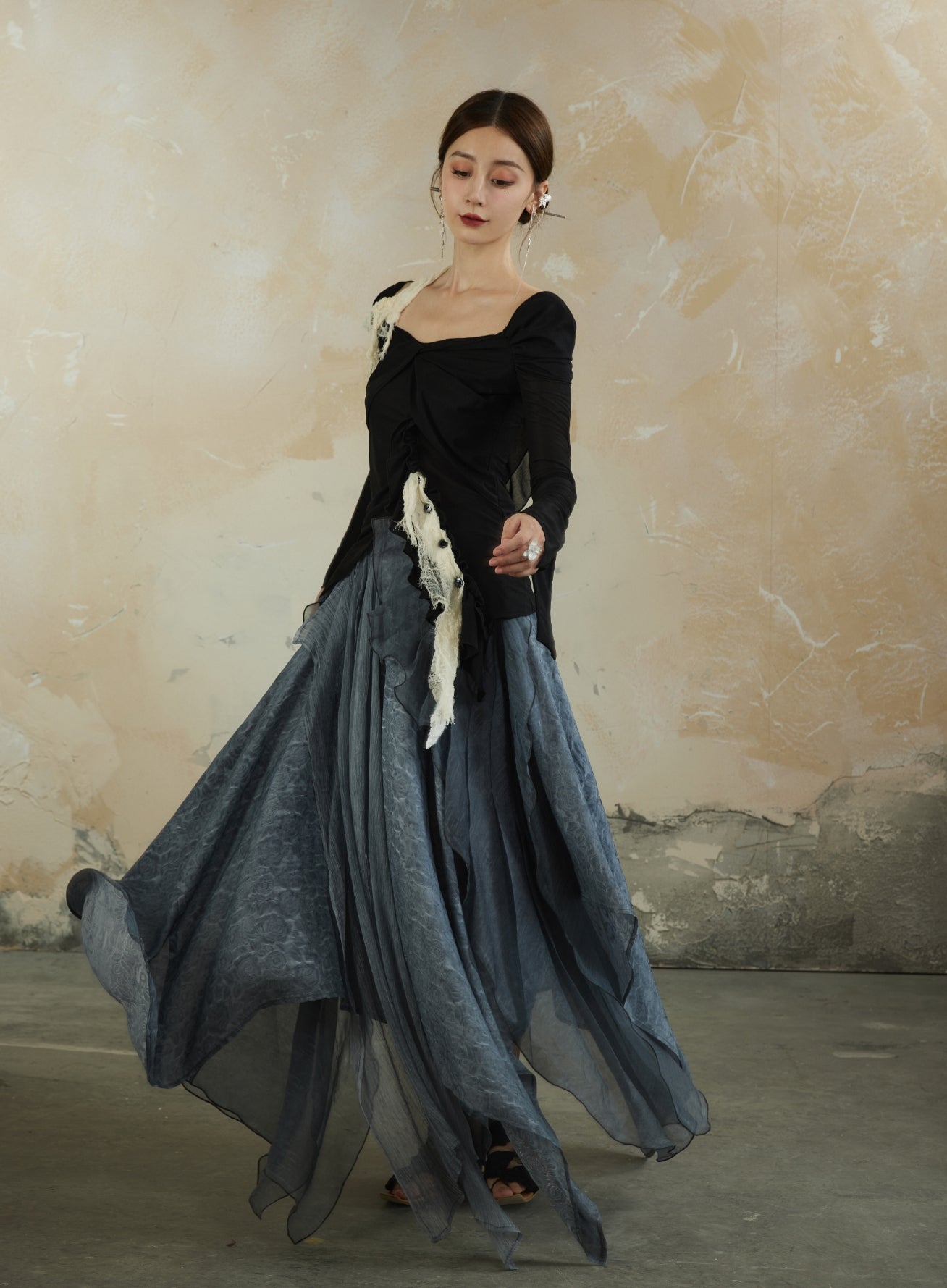 Asymmetry Romantic Ciffon Volume Flare Elegant Fluffily Long-Skirt