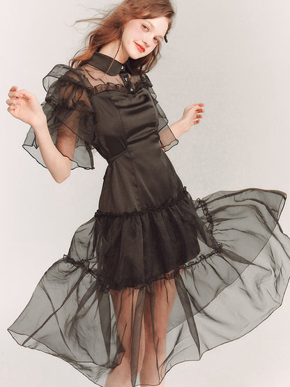 Durchsichtiger Tiererd Flare-Sleeve-Frill-Kleid ein Stück