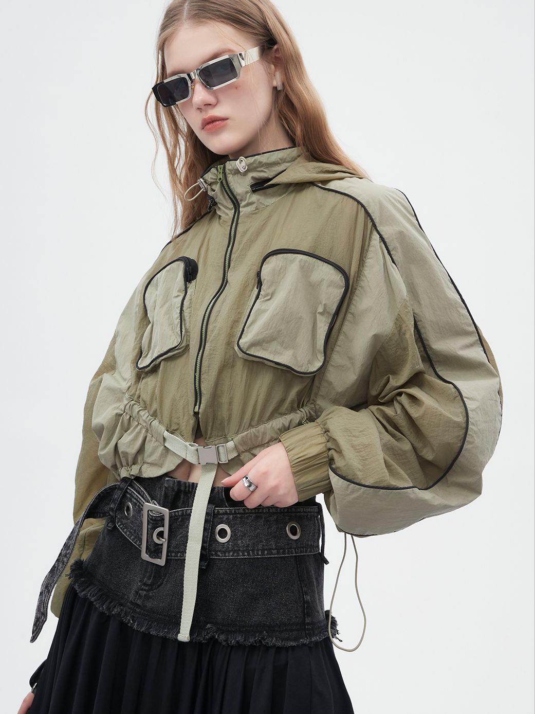 Drawstring Mesh Sporty Balloon-sleeve Parka