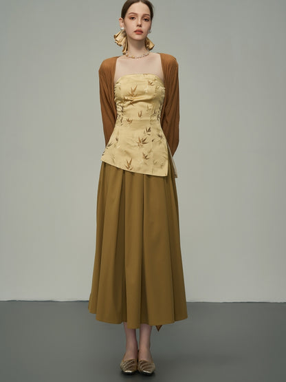 Glossy Embroidery Japanese Retrp Bare-Top &amp; Long-Skirt