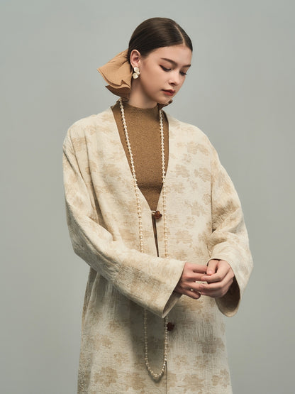 Flower Embroidery Long No-Collar Cotton Long-Coat