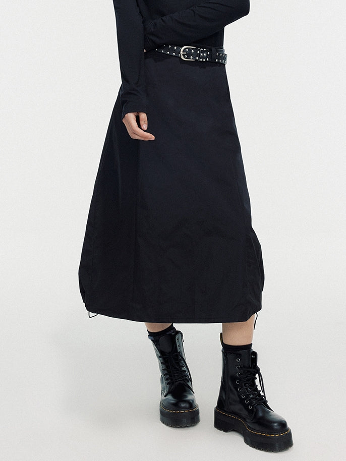 Drawstring A-Line Thick Simple Long Flare-Skirt