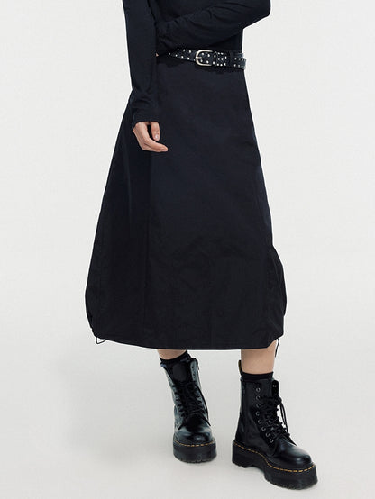 Drawstring A-Line Thick Simple Long Flare-Skirt