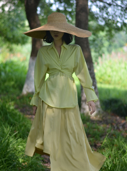 Smooth Satin Plain Simple Shirt&amp;Long-Skirt