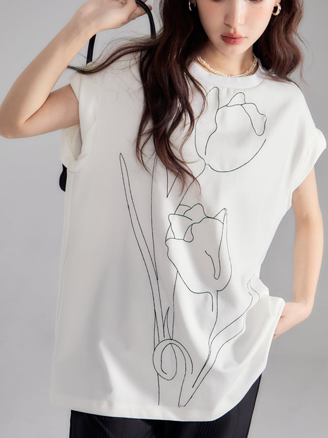 Oversize Embroidery Tulip Retro T-Shirt