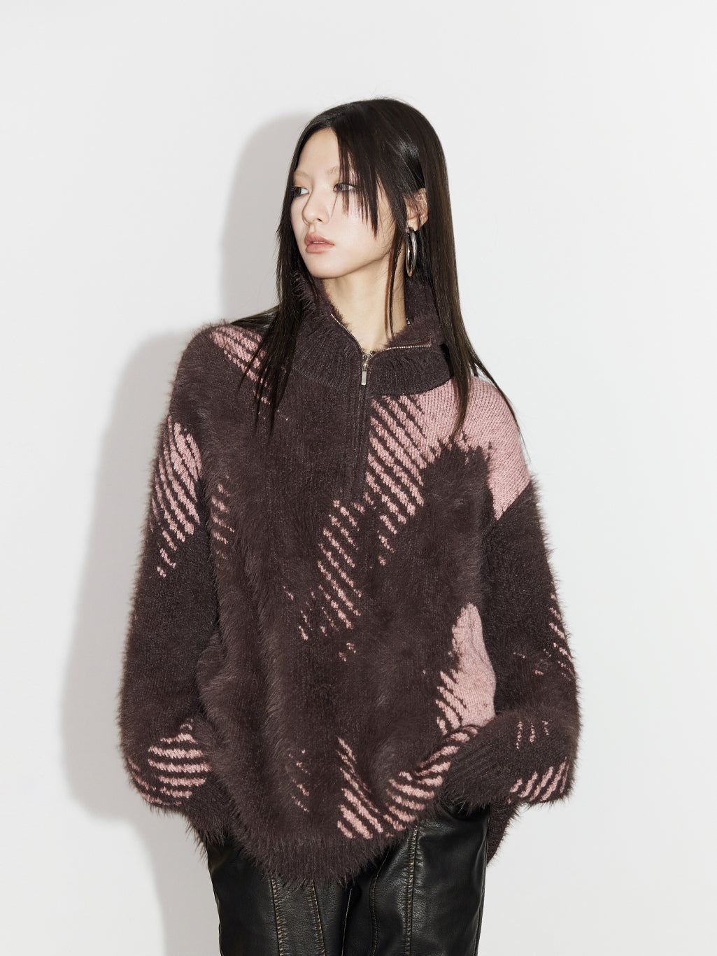 High-Neck Fluffily Half-Zip Casual Oversize Mohair-Knit