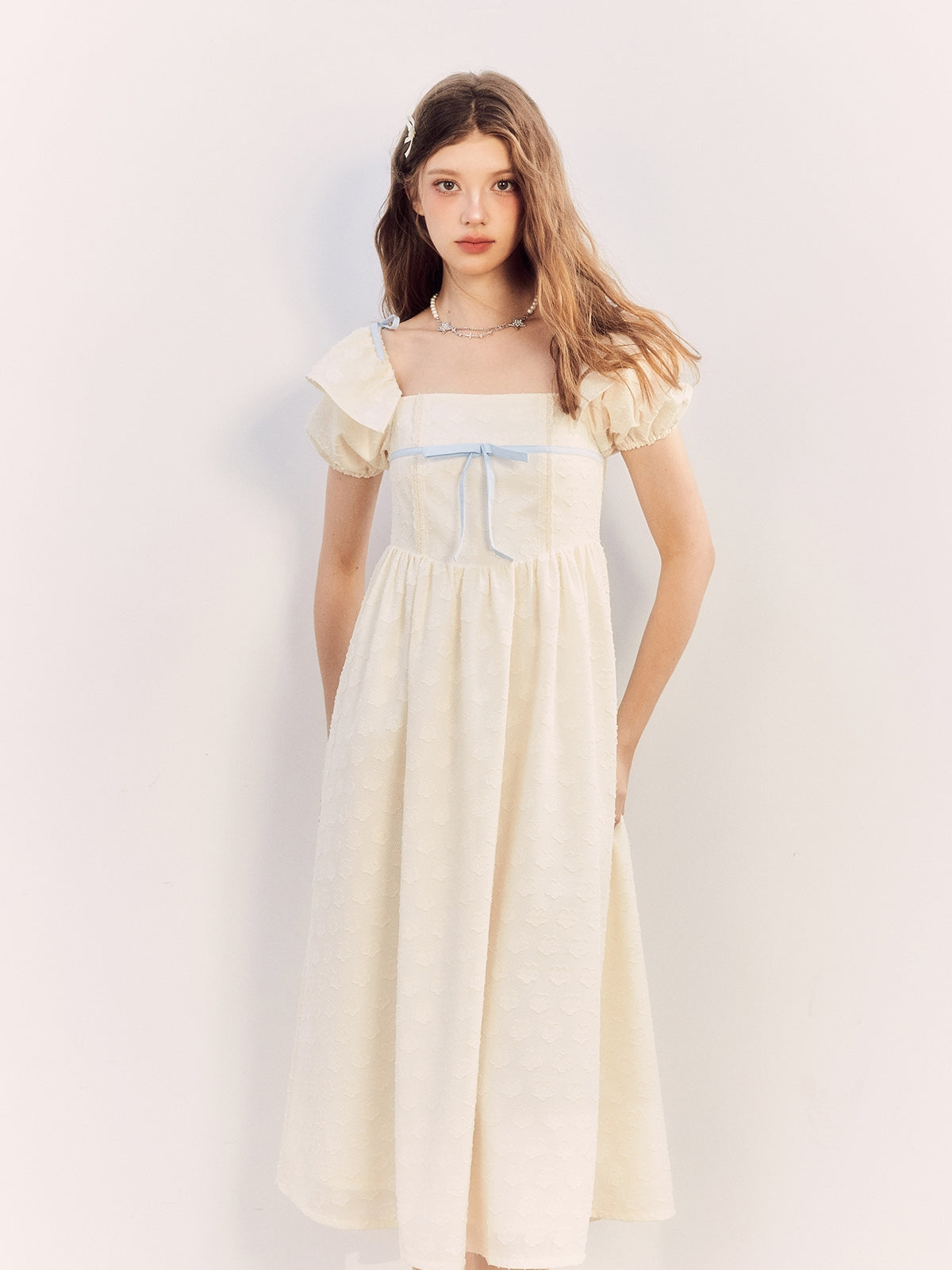 Princess Puff-Sleeve Long Flower Ribbon One-Piece