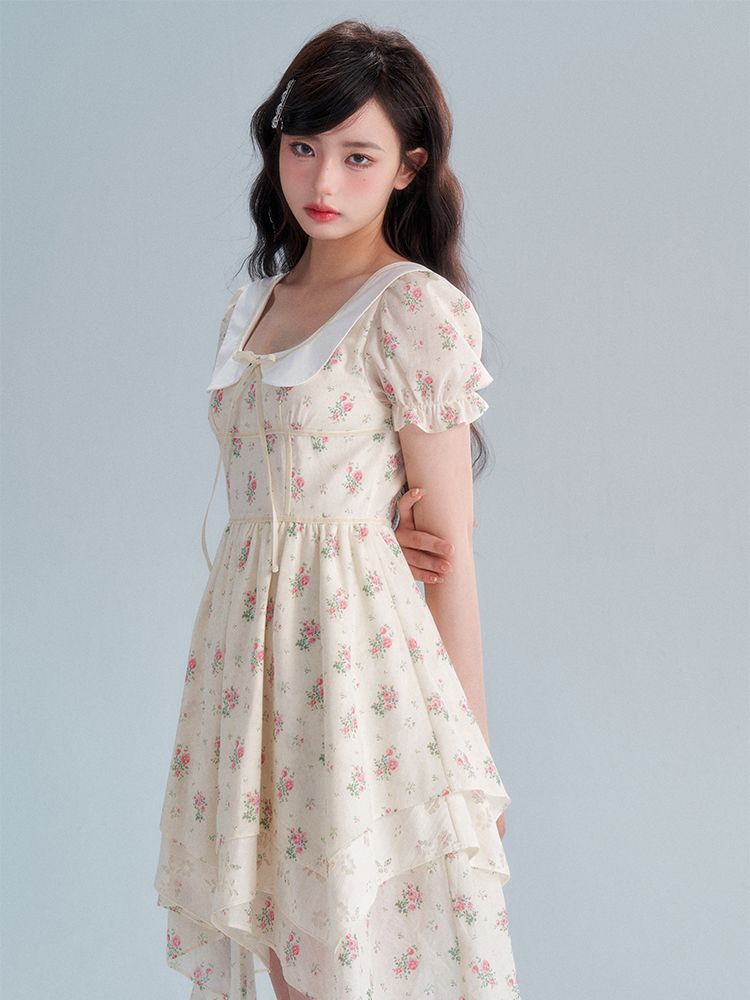 Flower Puff-sleeve Asymemtry Retro One-piece