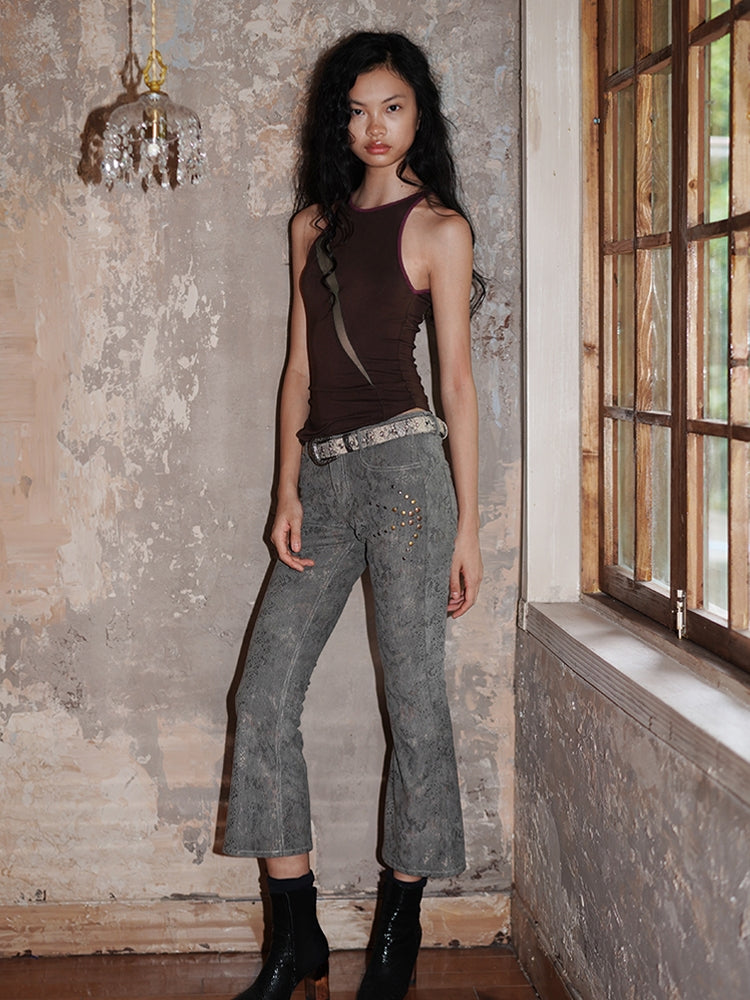 Corduroy Cropped Western Flare Studs Embroidery Pants