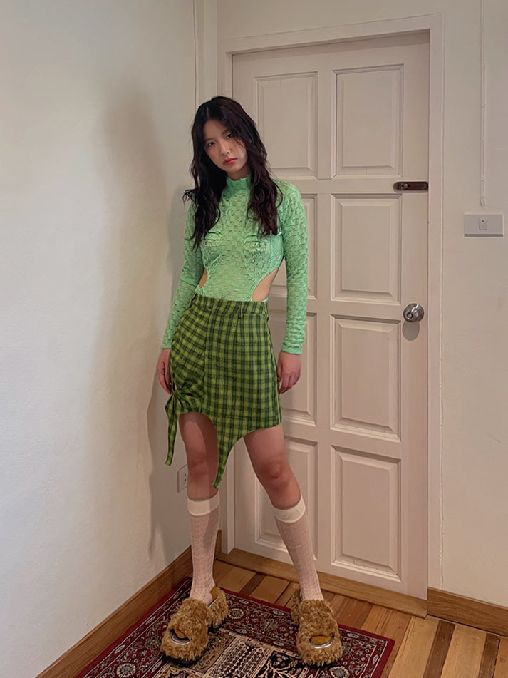 Asynnmetry Hole Cut Checked Nichi Skirt