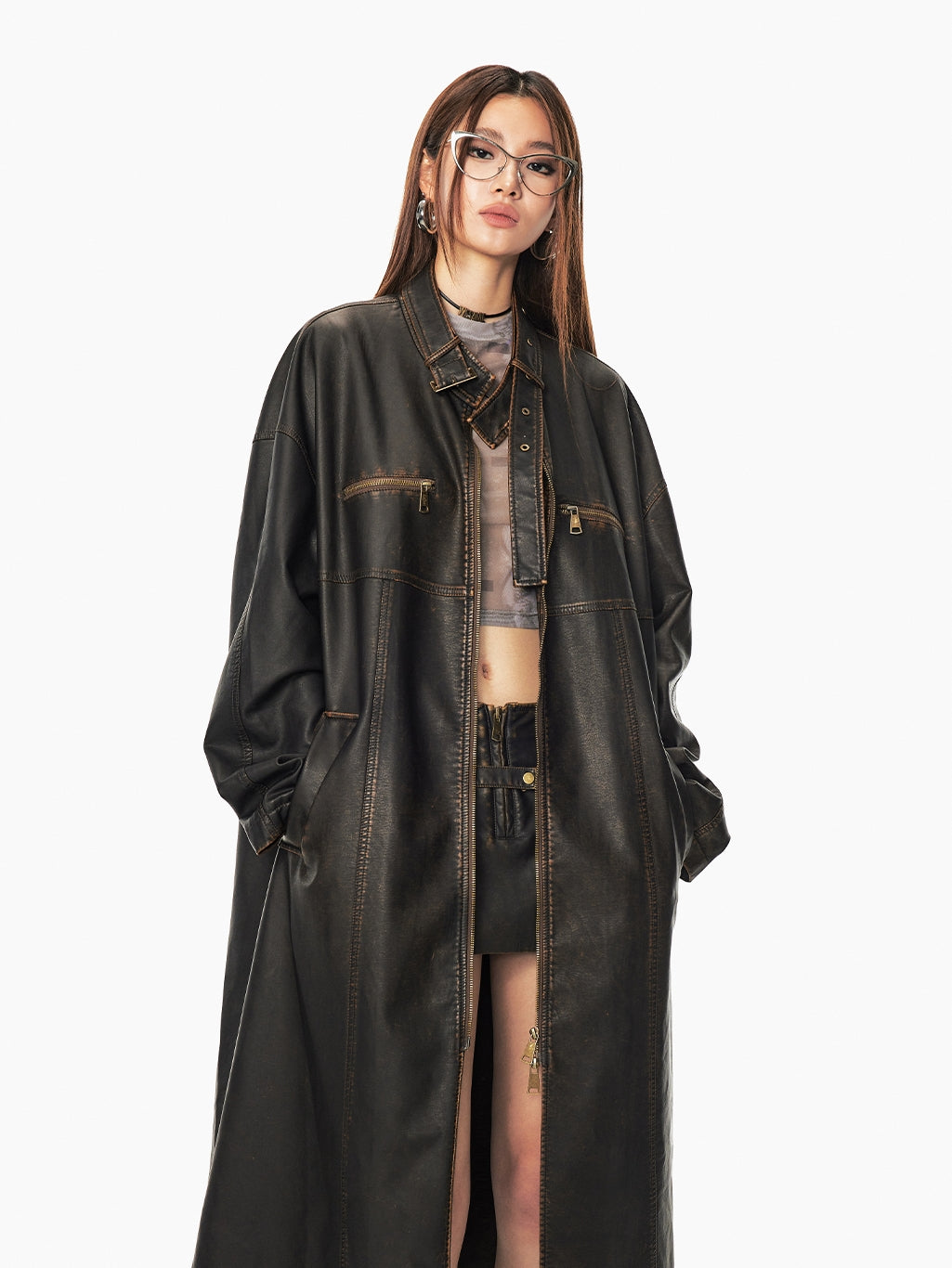 Leather Retro Vintage Stand-Collar Zip Ong-Coat