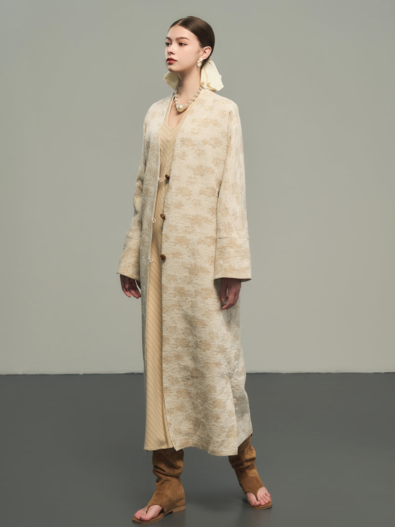 Flower Embroidery Long No-Collar Cotton Long-Coat