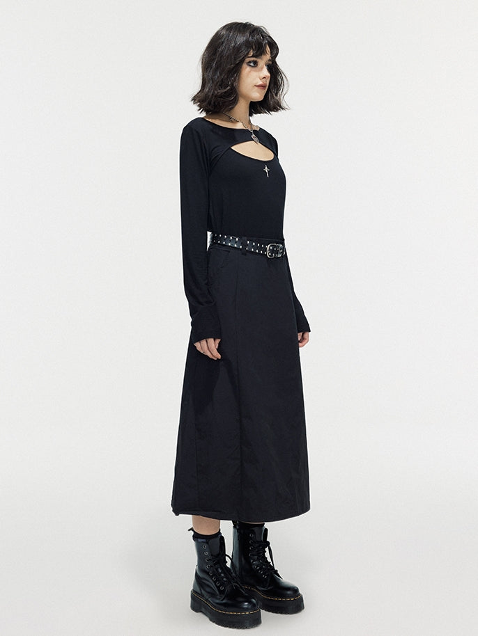 Drawstring A-Line Thick Simple Long Flare-Skirt