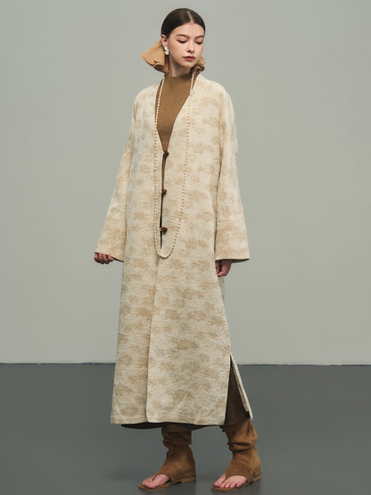 Flower Embroidery Long No-Collar Cotton Long-Coat