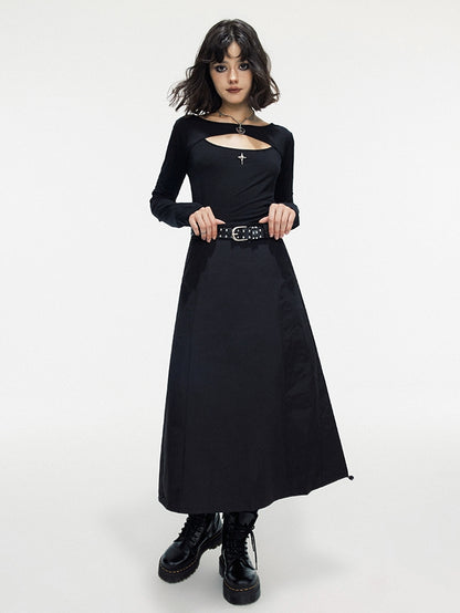 Drawstring A-Line Thick Simple Long Flare-Skirt