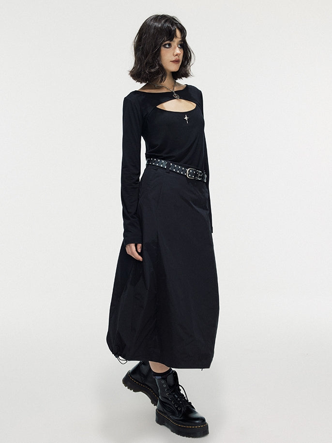 Drawstring A-Line Thick Simple Long Flare-Skirt