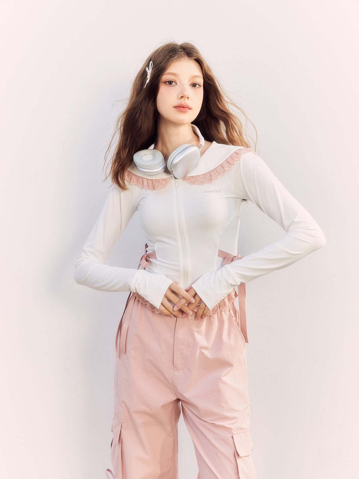 Lace-Collar Ribbon Sweet Casual Cutsew&amp;Pants