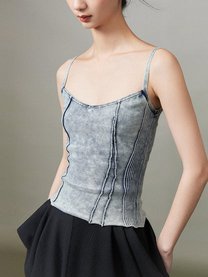 Camisole serrée rétro en denim fané